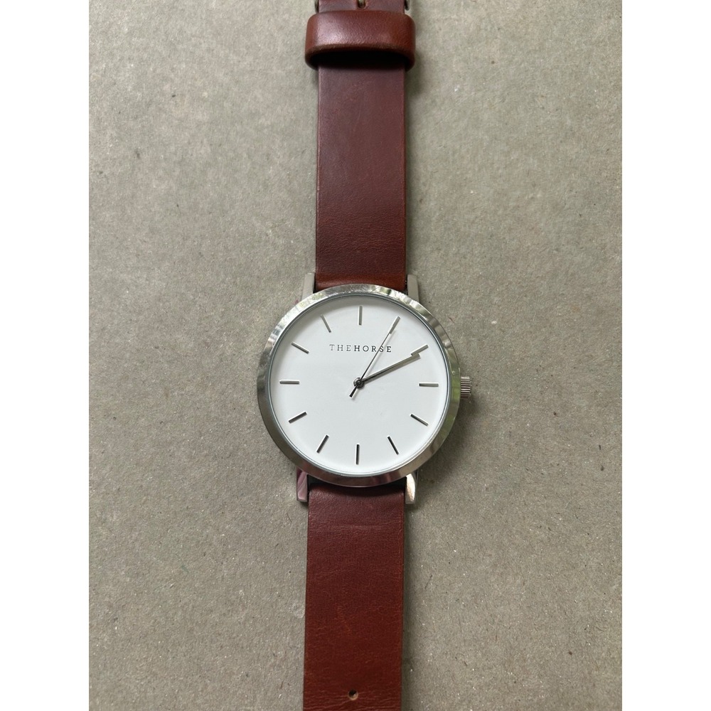The Horse Minimalist Watch Silver White Dial Brown Leather Band 3ATM Not Running